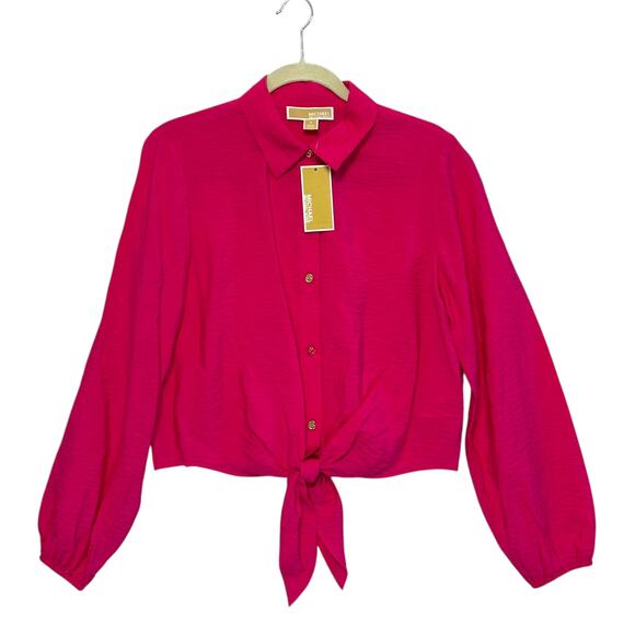 MICHAEL Michael Kors Cropped Tie Waist Shirt NWT Women's Sz M Electric Pink Bold - Picture 1 of 6